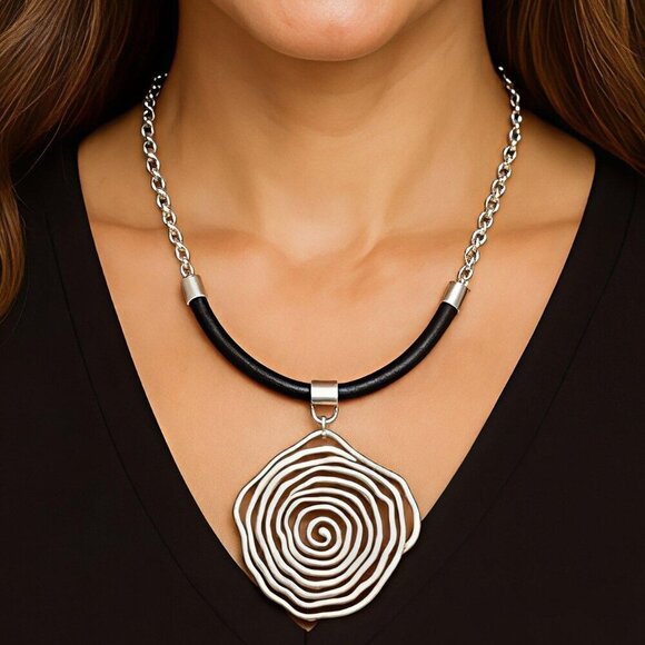 NKULTD Jewelry - Handmade Turkish Artisan Leather Necklace Bold Zamak Spiral Flower Pendant